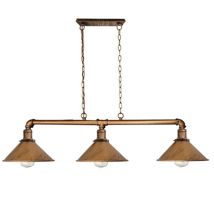 3-Light Water Pipe Pendant Bar – Industrial, E27, 4 Finishes - Brushed Copper, No Shade, ST64 Bulb