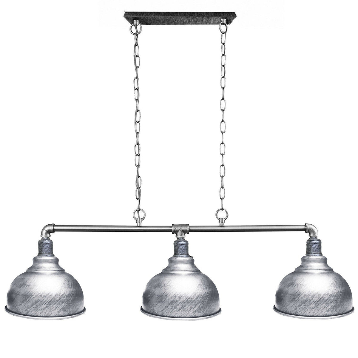 3-Light Water Pipe Pendant Bar – Industrial, E27, 4 Finishes - Brushed Silver, Curvy 21 cm Brushed Silver, ST64 Bulb