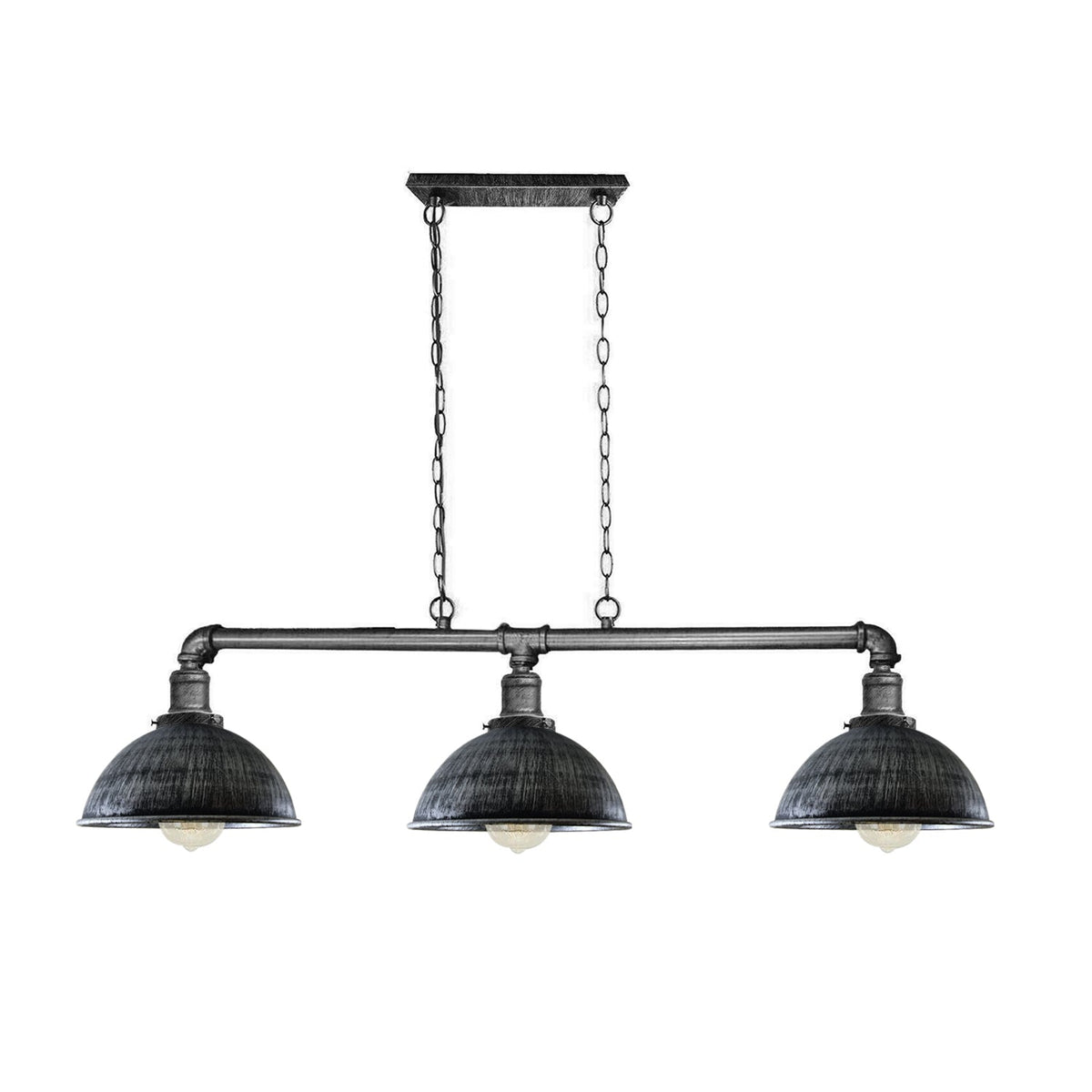 3-Light Water Pipe Pendant Bar – Industrial, E27, 4 Finishes - Brushed Silver, Dome 21 cm Brushed Silver, ST64 Bulb