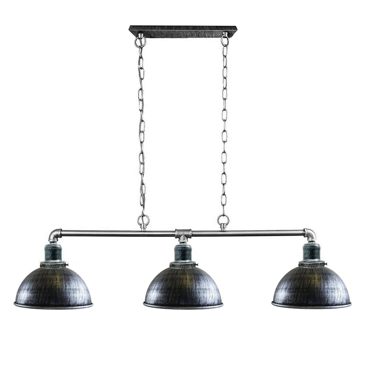 3-Light Water Pipe Pendant Bar – Industrial, E27, 4 Finishes - Brushed Silver, Dome 21 cm Brushed Silver, Without Bulb