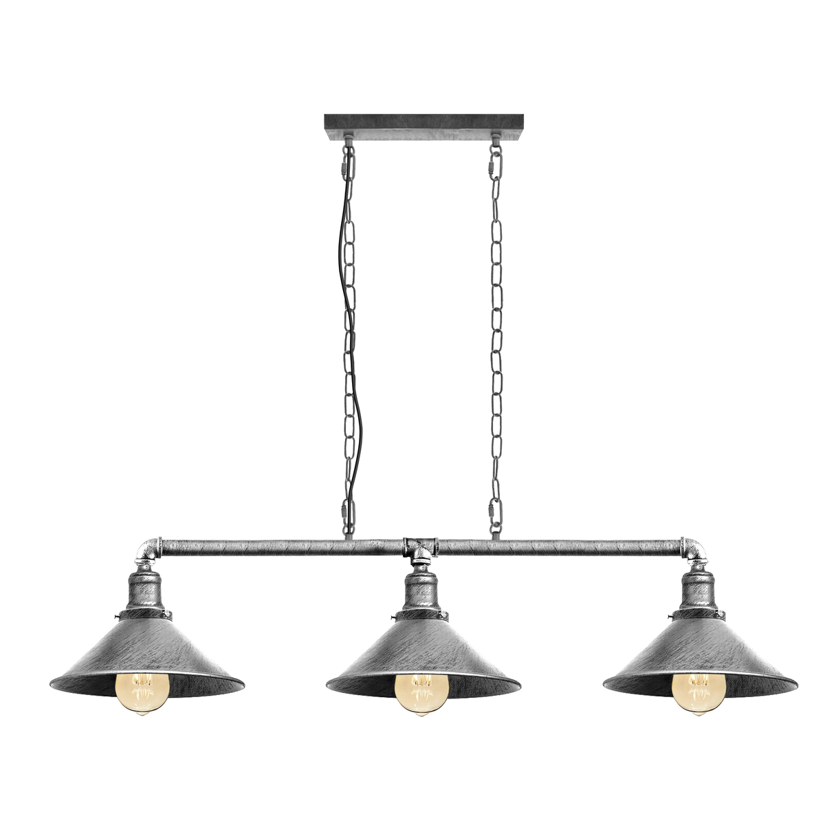 3-Light Water Pipe Pendant Bar – Industrial, E27, 4 Finishes - Brushed Silver, No Shade, ST64 Bulb