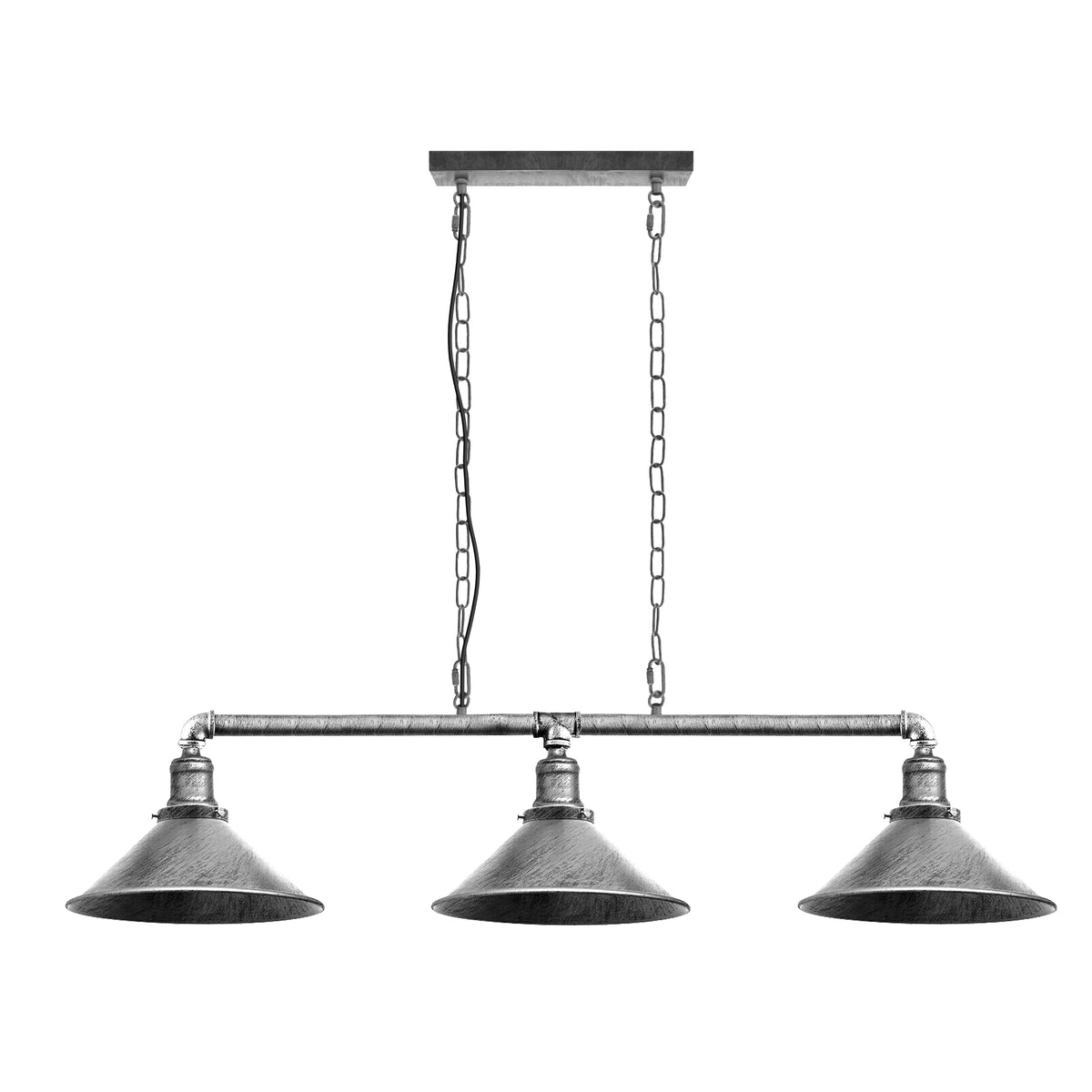 3-Light Water Pipe Pendant Bar – Industrial, E27, 4 Finishes - Brushed Silver, No Shade, Without Bulb