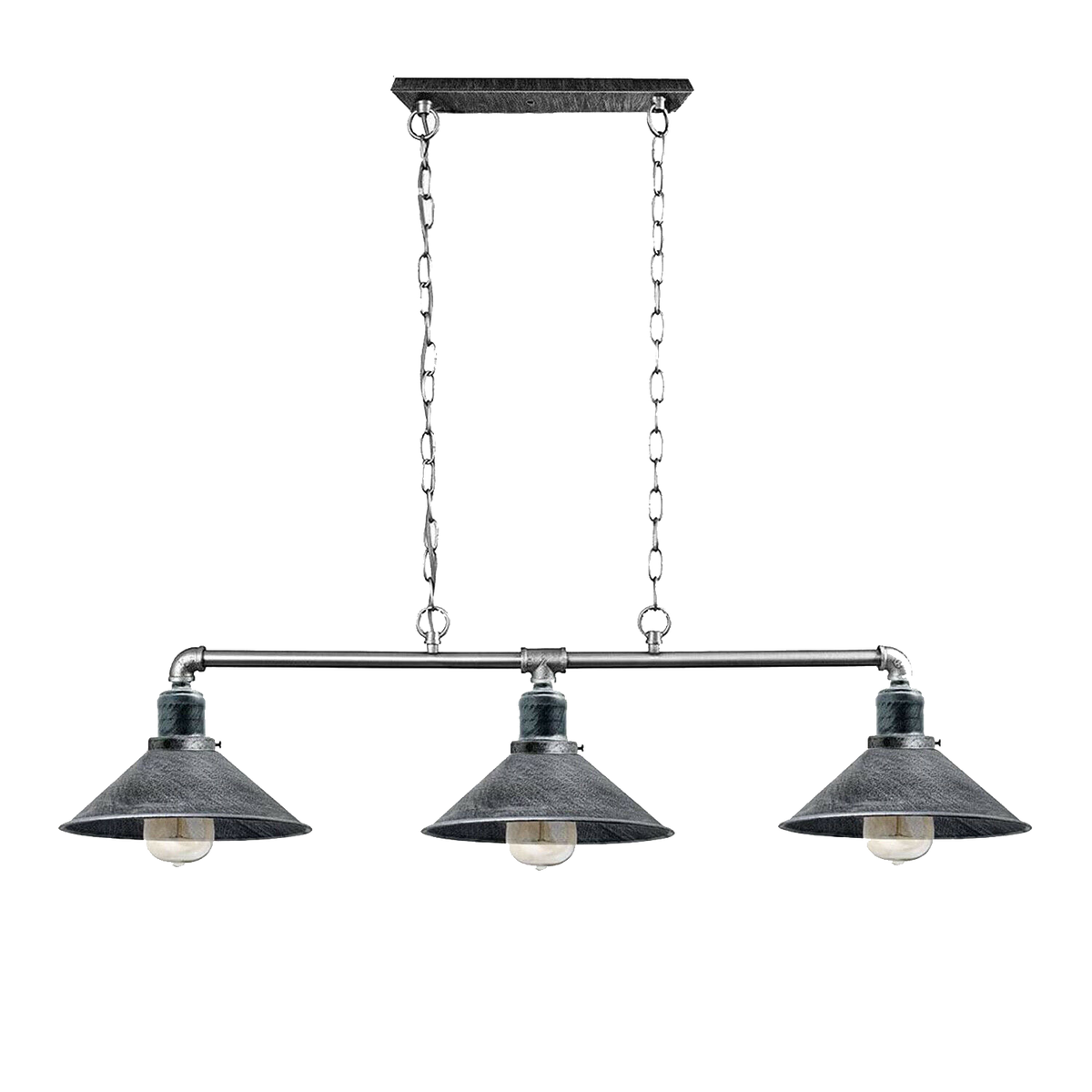 3-Light Water Pipe Pendant Bar – Industrial, E27, 4 Finishes - Brushed Silver, Small Cone 22 cm Chrome, Without Bulb