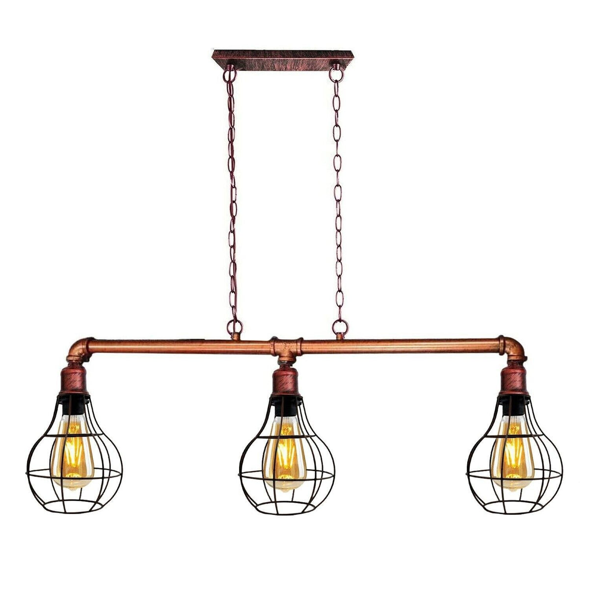 3-Light Water Pipe Pendant Bar – Industrial, E27, 4 Finishes - Rustic Red, Balloon Cage Rustic Red, Without Bulb
