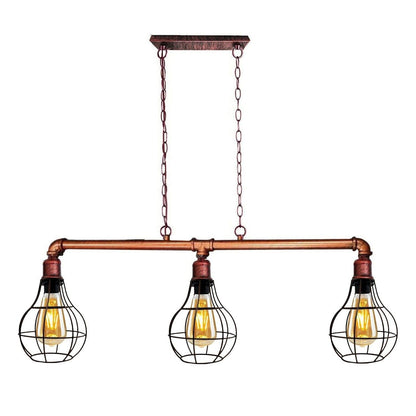 3-Light Water Pipe Pendant Bar – Industrial, E27, 4 Finishes - Rustic Red, Balloon Cage Rustic Red, Without Bulb