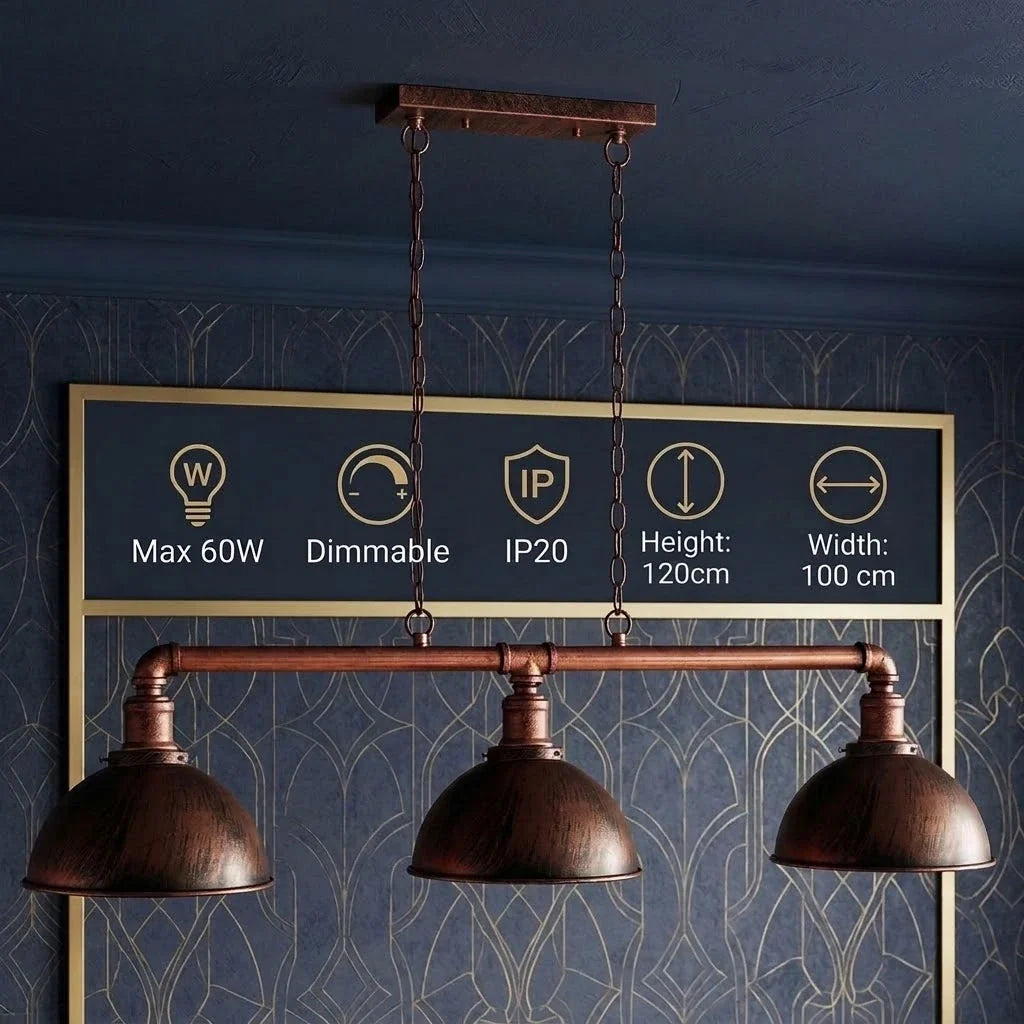 3-Light Water Pipe Pendant Bar – Industrial, E27, 4 Finishes - Rustic Red, Dome 21 cm Rustic Red, ST64 Bulb
