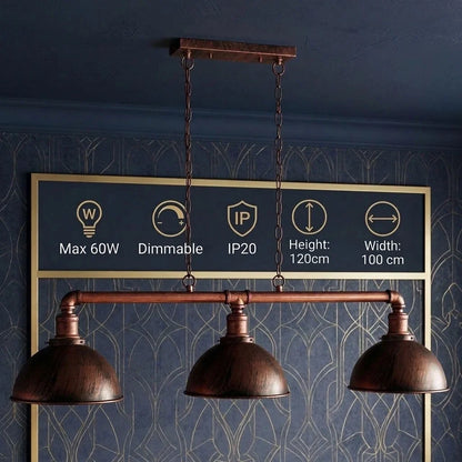 3-Light Water Pipe Pendant Bar – Industrial, E27, 4 Finishes - Rustic Red, Dome 21 cm Rustic Red, ST64 Bulb