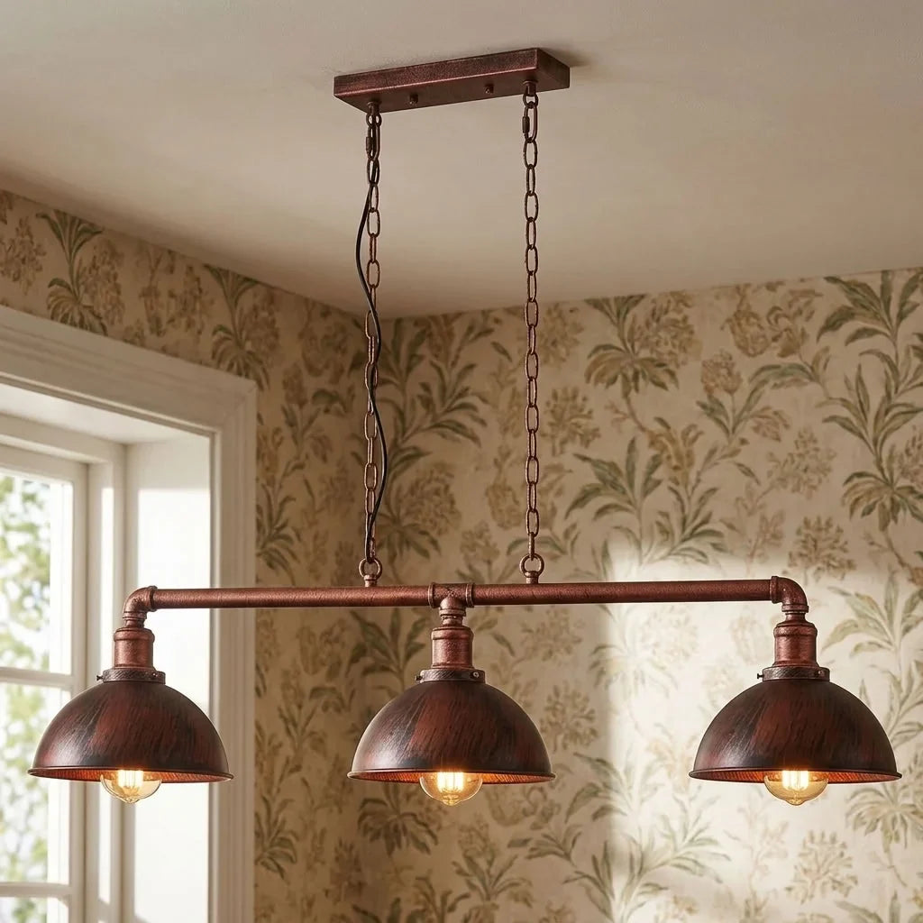 3-Light Water Pipe Pendant Bar – Industrial, E27, 4 Finishes - Rustic Red, Dome 21 cm Rustic Red, Without Bulb