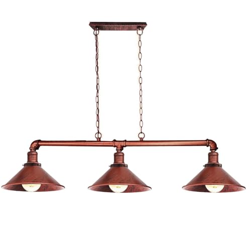 3-Light Water Pipe Pendant Bar – Industrial, E27, 4 Finishes - Rustic Red, Flat Cone 22 cm Rustic Red, Without Bulb