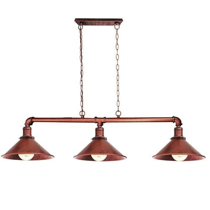 3-Light Water Pipe Pendant Bar – Industrial, E27, 4 Finishes - Rustic Red, Flat Cone 22 cm Rustic Red, Without Bulb