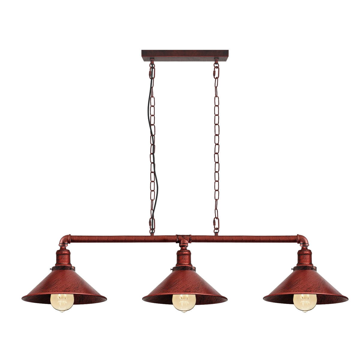 3-Light Water Pipe Pendant Bar – Industrial, E27, 4 Finishes - Rustic Red, No Shade, ST64 Bulb