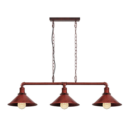 3-Light Water Pipe Pendant Bar – Industrial, E27, 4 Finishes - Rustic Red, No Shade, ST64 Bulb