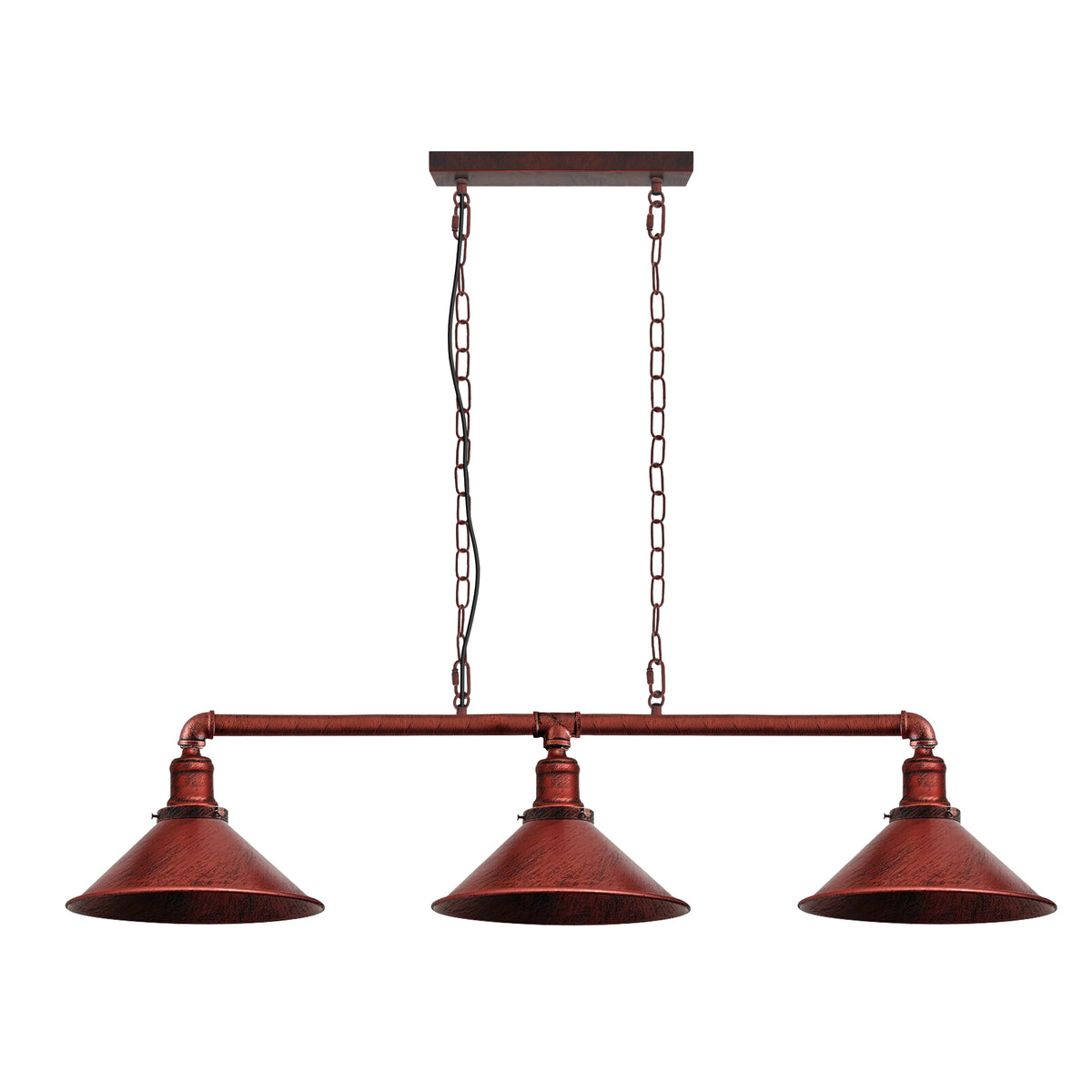 3-Light Water Pipe Pendant Bar – Industrial, E27, 4 Finishes - Rustic Red, No Shade, Without Bulb