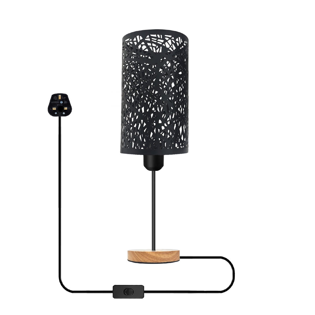 Metal Wire Cage Table Lamp with Wooden Base E27 - Black, Without Bulb