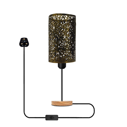 Metal Wire Cage Table Lamp with Wooden Base E27 - Brushed Brass, Without Bulb