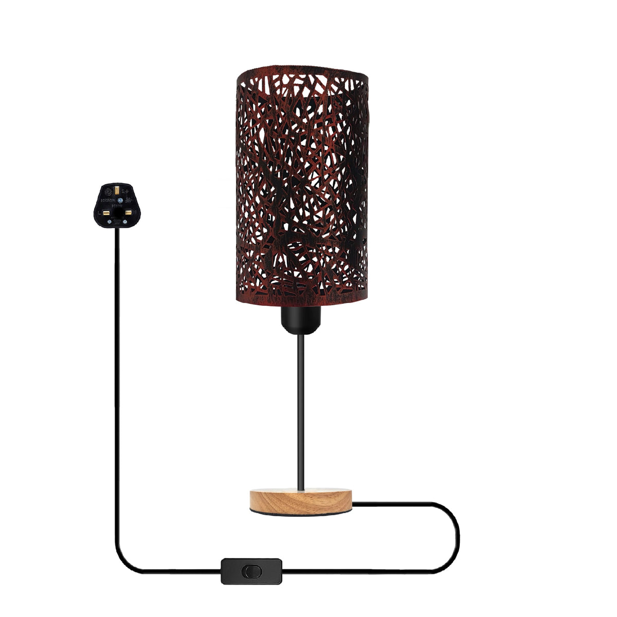 Metal Wire Cage Table Lamp with Wooden Base E27 - Brushed Copper, Without Bulb