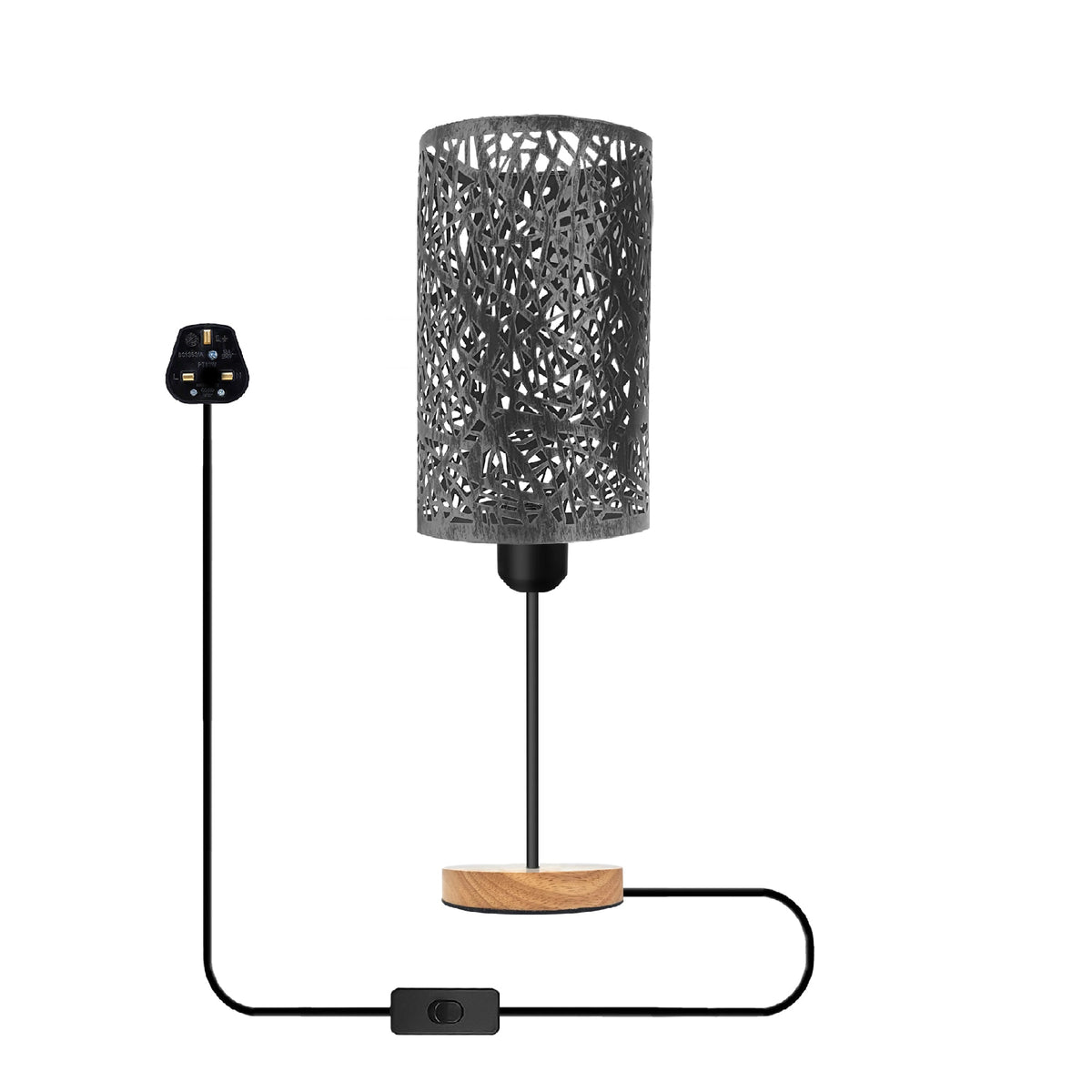 Metal Wire Cage Table Lamp with Wooden Base E27 - Brushed Silver, Without Bulb