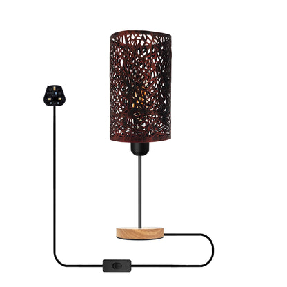 Metal Wire Cage Table Lamp with Wooden Base E27 - Rustic Red, Without Bulb