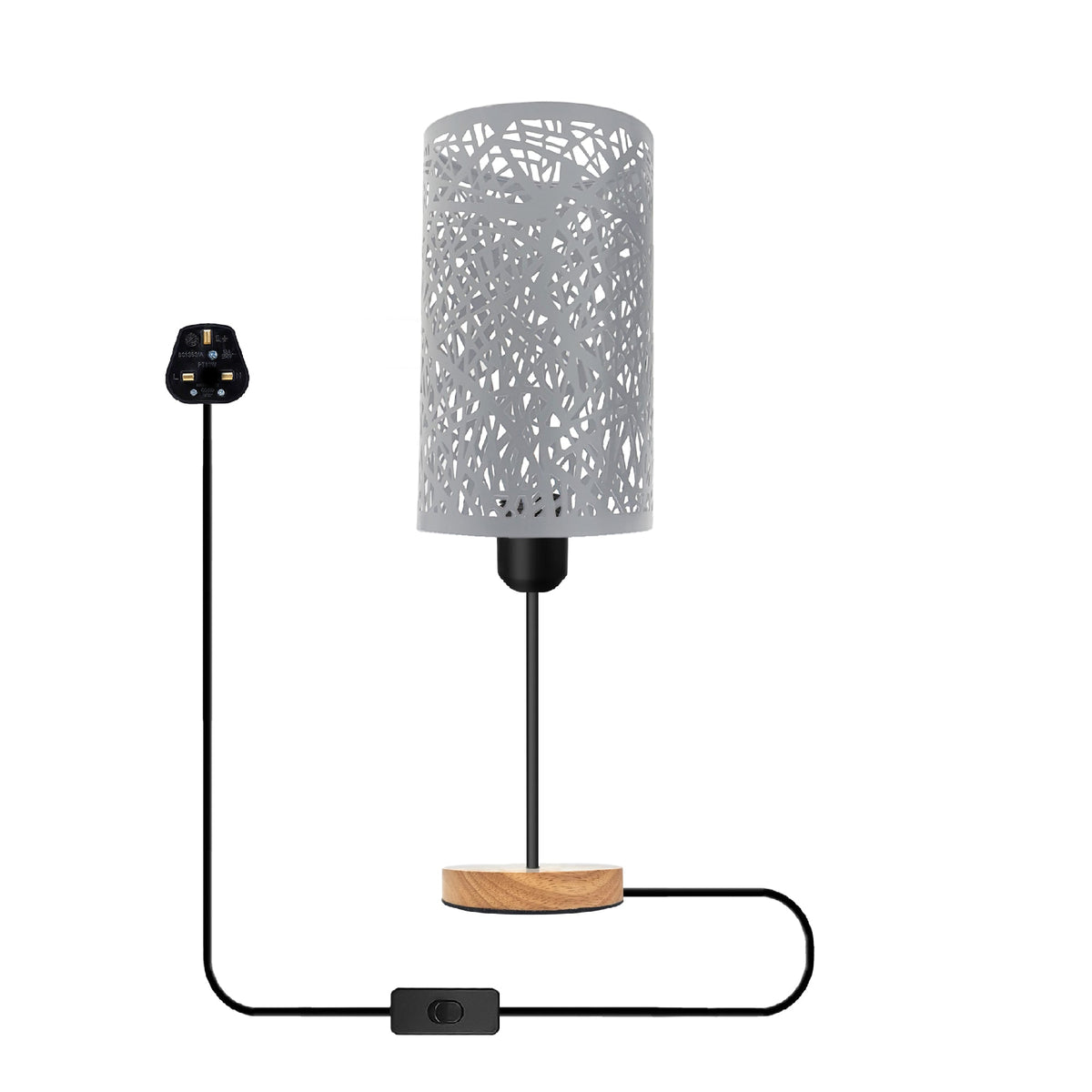 Metal Wire Cage Table Lamp with Wooden Base E27 - White, Without Bulb