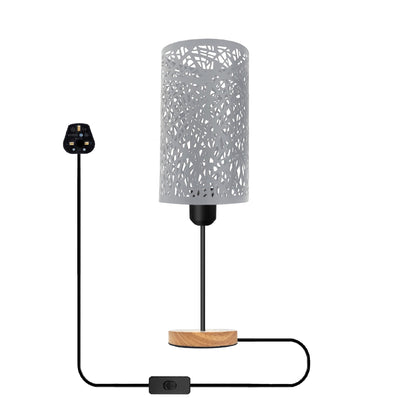 Metal Wire Cage Table Lamp with Wooden Base E27 - White, Without Bulb