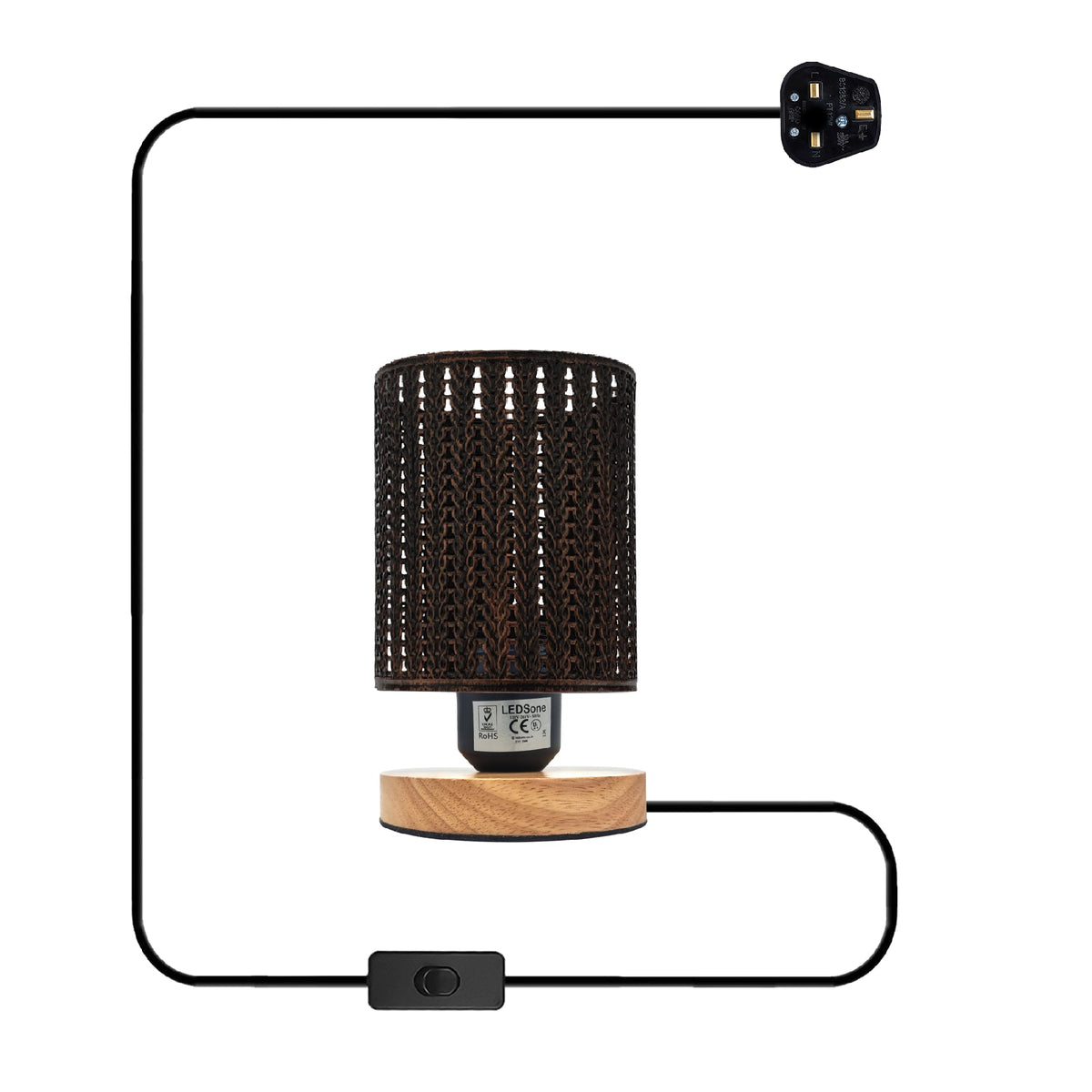 Metal Wire Cage Table Lamp with Wooden Stand E27 - Brushed Copper, Without Bulb