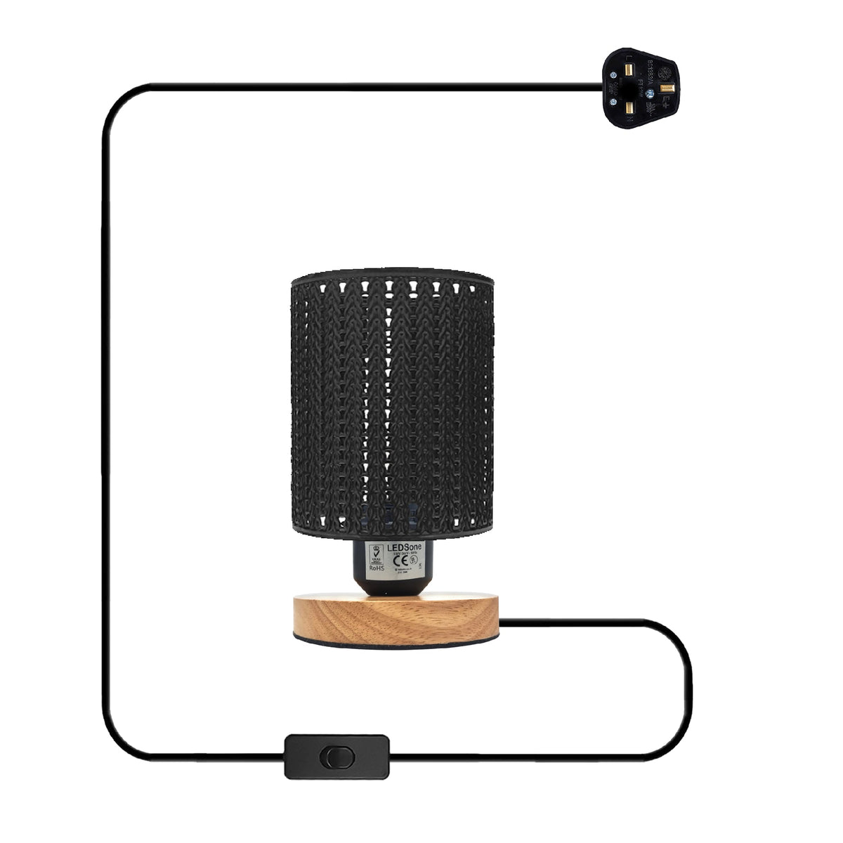Metal Wire Cage Table Lamp with Wooden Stand E27 - Black, Without Bulb