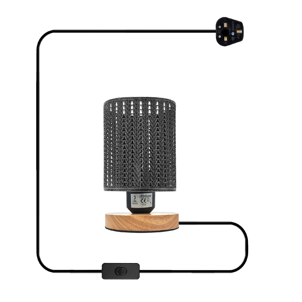 Metal Wire Cage Table Lamp with Wooden Stand E27 - Brushed Silver, Without Bulb