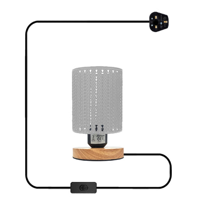 Metal Wire Cage Table Lamp with Wooden Stand E27 - White, Without Bulb