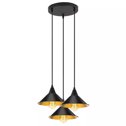 3-Light Pendant – Round Plate or Bar, Cones, Cages or Glass Globes, E27 - Black, Flat Cone Black & Gold, Round Plate, Without Bulb