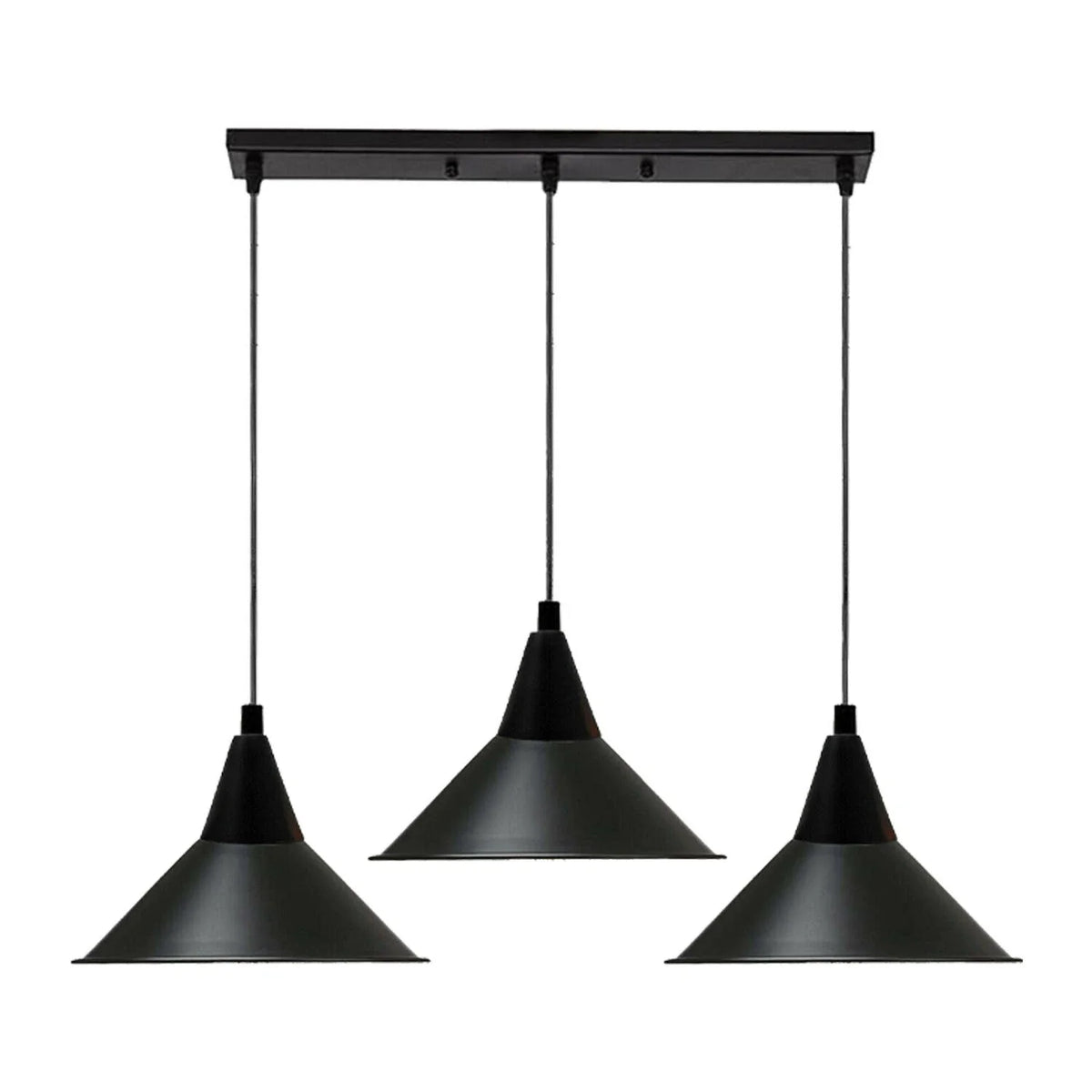 3-Light Pendant – Round Plate or Bar, Cones, Cages or Glass Globes, E27 - Black, Flat Cone Black, Ceiling Bar, Without Bulb