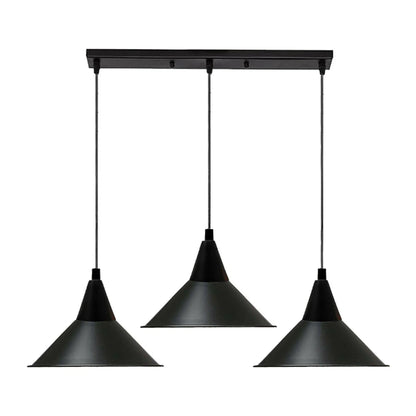 3-Light Pendant – Round Plate or Bar, Cones, Cages or Glass Globes, E27 - Black, Flat Cone Black, Ceiling Bar, Without Bulb