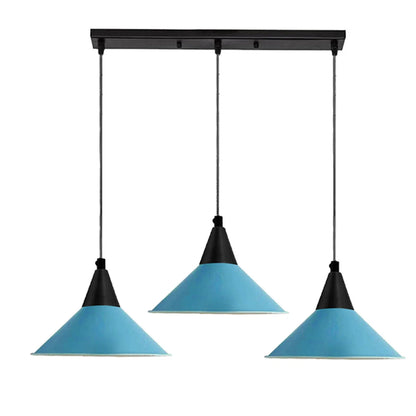 3-Light Pendant – Round Plate or Bar, Cones, Cages or Glass Globes, E27 - Black, Flat Cone Blue, Ceiling Bar, Without Bulb