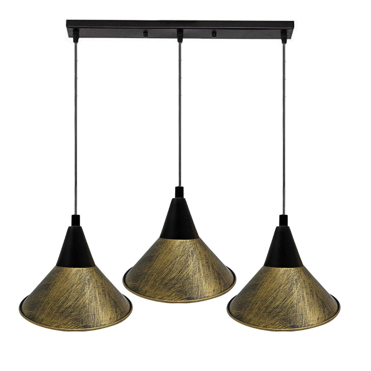 3-Light Pendant – Round Plate or Bar, Cones, Cages or Glass Globes, E27 - Black, Flat Cone Brushed Brass, Ceiling Bar, Without Bulb