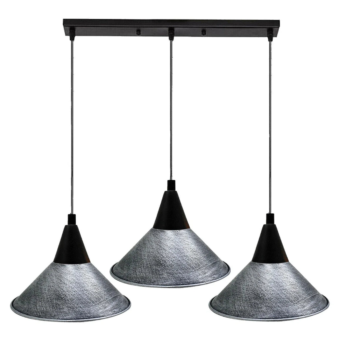 3-Light Pendant – Round Plate or Bar, Cones, Cages or Glass Globes, E27 - Black, Flat Cone Brushed Silver, Ceiling Bar, Without Bulb