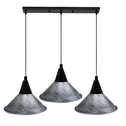 3-Light Pendant – Round Plate or Bar, Cones, Cages or Glass Globes, E27 - Black, Flat Cone Brushed Silver, Ceiling Bar, Without Bulb