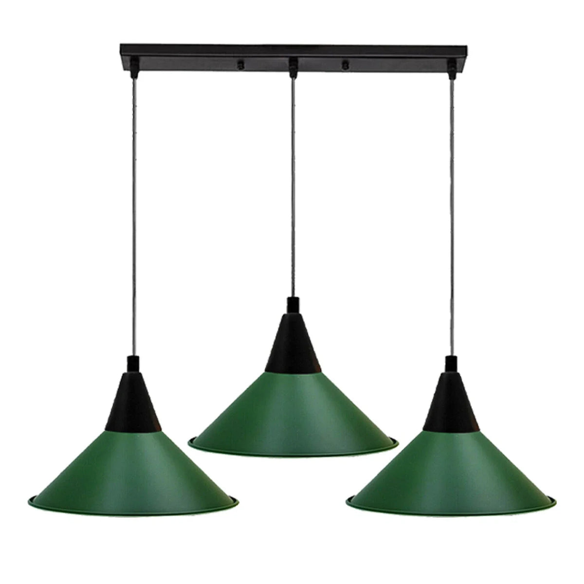 3-Light Pendant – Round Plate or Bar, Cones, Cages or Glass Globes, E27 - Black, Flat Cone Green, Ceiling Bar, Without Bulb
