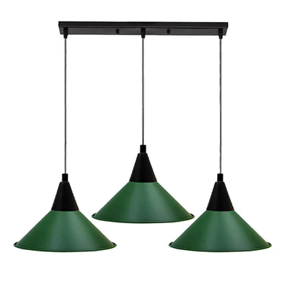 3-Light Pendant – Round Plate or Bar, Cones, Cages or Glass Globes, E27 - Black, Flat Cone Green, Ceiling Bar, Without Bulb