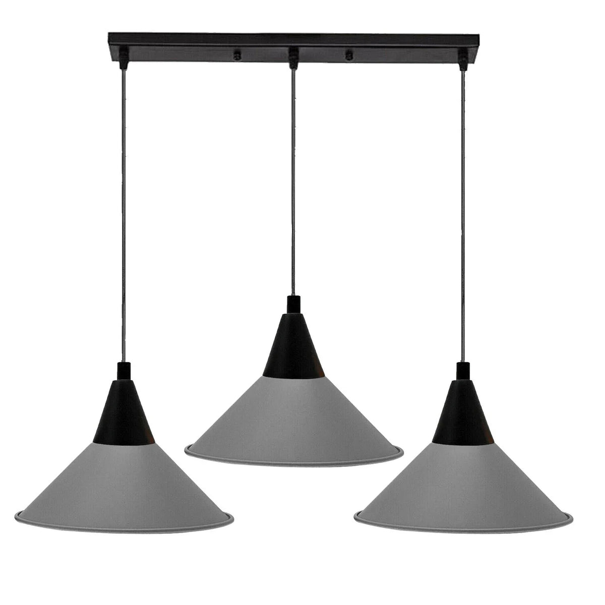 3-Light Pendant – Round Plate or Bar, Cones, Cages or Glass Globes, E27 - Black, Flat Cone Grey, Ceiling Bar, Without Bulb