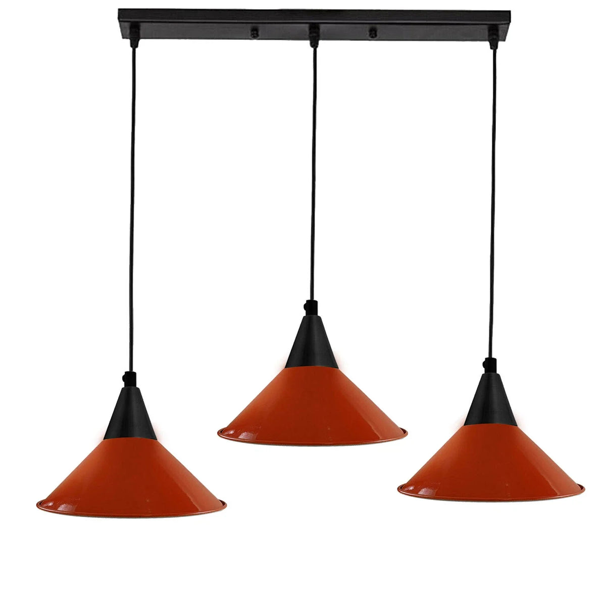 3-Light Pendant – Round Plate or Bar, Cones, Cages or Glass Globes, E27 - Black, Flat Cone Orange, Ceiling Bar, Without Bulb