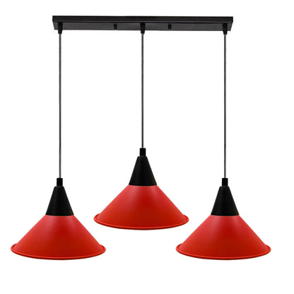 3-Light Pendant – Round Plate or Bar, Cones, Cages or Glass Globes, E27 - Black, Flat Cone Red, Ceiling Bar, Without Bulb