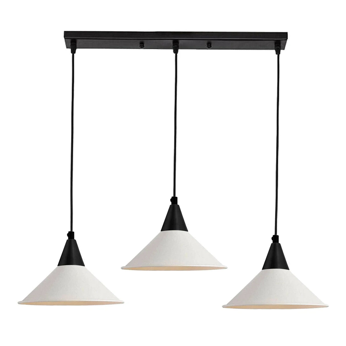 3-Light Pendant – Round Plate or Bar, Cones, Cages or Glass Globes, E27 - Black, Flat Cone White, Ceiling Bar, Without Bulb