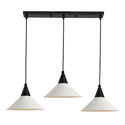 3-Light Pendant – Round Plate or Bar, Cones, Cages or Glass Globes, E27 - Black, Flat Cone White, Ceiling Bar, Without Bulb