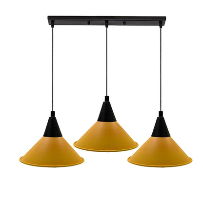 3-Light Pendant – Round Plate or Bar, Cones, Cages or Glass Globes, E27 - Black, Flat Cone Yellow, Ceiling Bar, Without Bulb