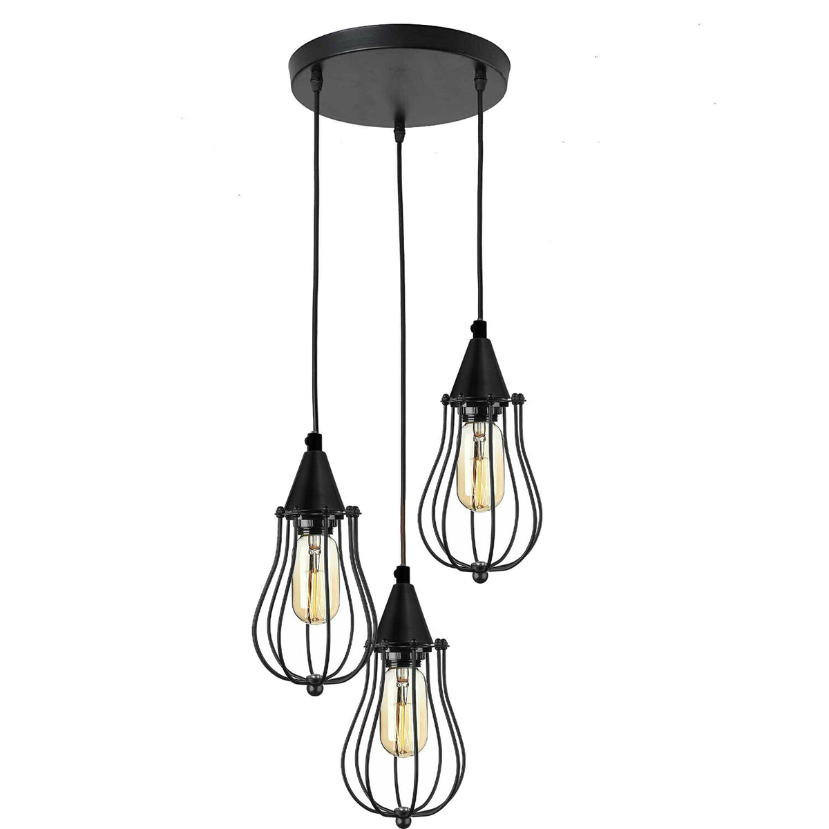 3-Light Pendant – Round Plate or Bar, Cones, Cages or Glass Globes, E27 - Black, Balloon Cage Black, Round Plate, T130 LED Bulb 4W