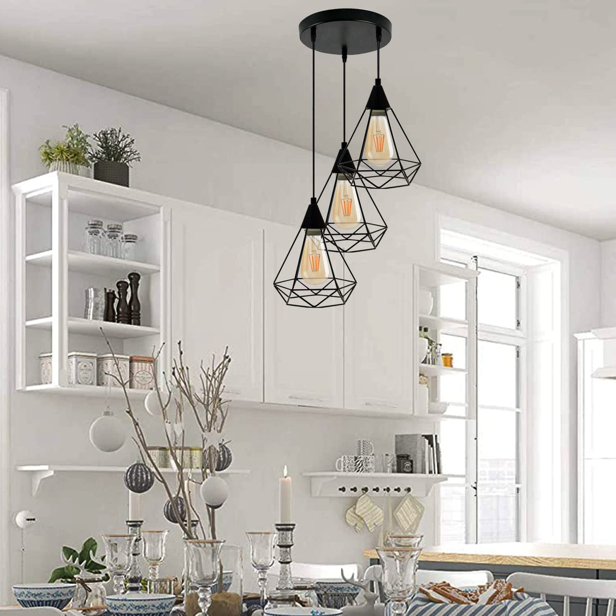 3-Light Pendant – Round Plate or Bar, Cones, Cages or Glass Globes, E27 - Black, Diamond Cage Black, Round Plate, ST64 LED Bulb 4W