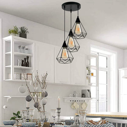 3-Light Pendant – Round Plate or Bar, Cones, Cages or Glass Globes, E27 - Black, Diamond Cage Black, Round Plate, ST64 LED Bulb 4W