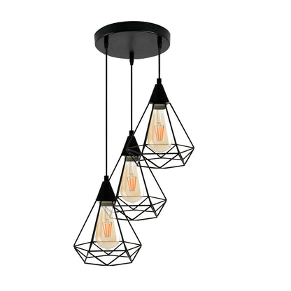 3-Light Pendant – Round Plate or Bar, Cones, Cages or Glass Globes, E27 - Black, Diamond Cage Black, Round Plate, Without Bulb