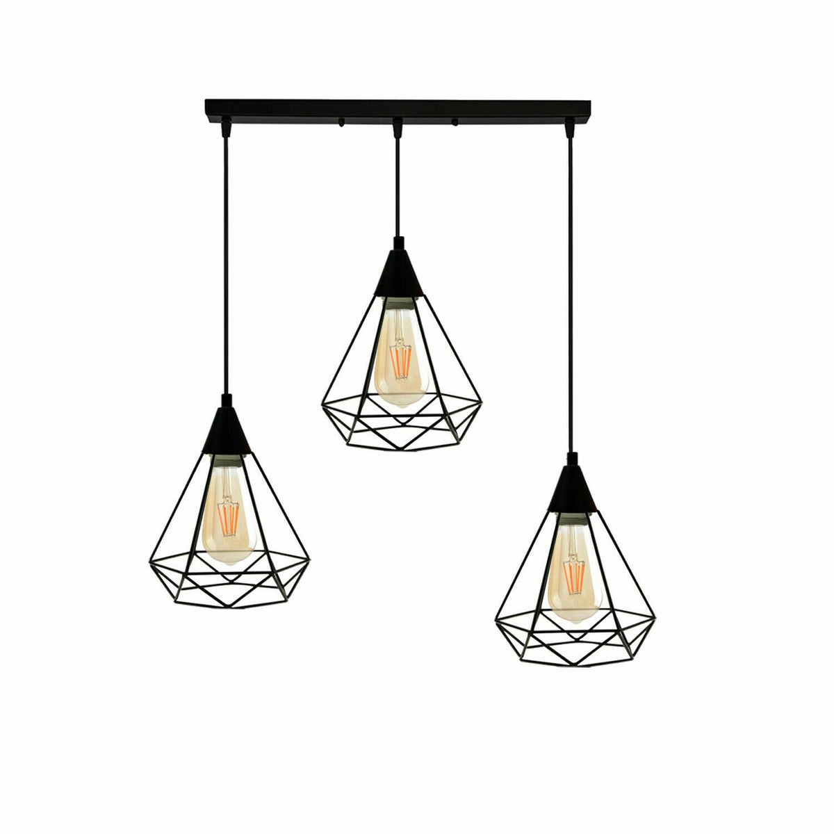 3-Light Pendant – Round Plate or Bar, Cones, Cages or Glass Globes, E27 - Black, Diamond Cage Black, Ceiling Bar, ST64 LED Bulb 4W