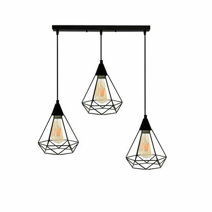 3-Light Pendant – Round Plate or Bar, Cones, Cages or Glass Globes, E27 - Black, Diamond Cage Black, Ceiling Bar, ST64 LED Bulb 4W