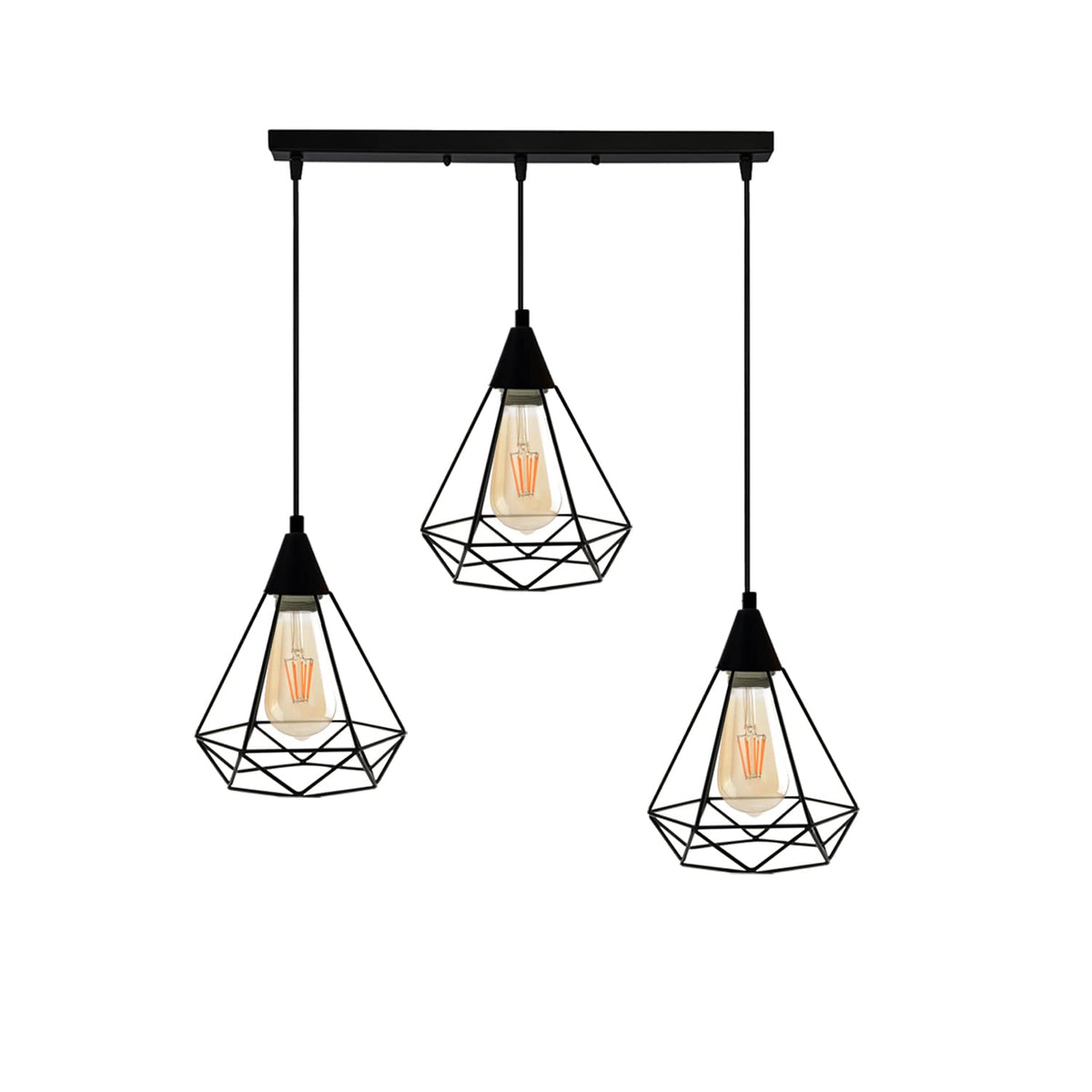 3-Light Pendant – Round Plate or Bar, Cones, Cages or Glass Globes, E27 - Black, Diamond Cage Black, Ceiling Bar, Without Bulb